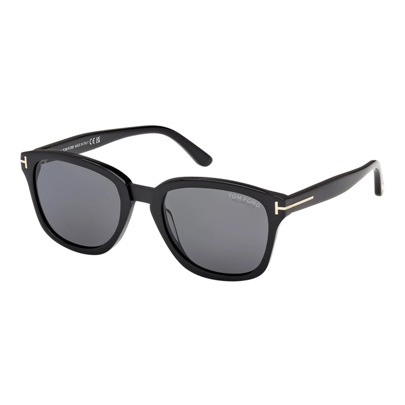 Tom Ford Sunglasses Square Full Rim, Shiny Black Frame and Smoke Polarized Lens FT121301D