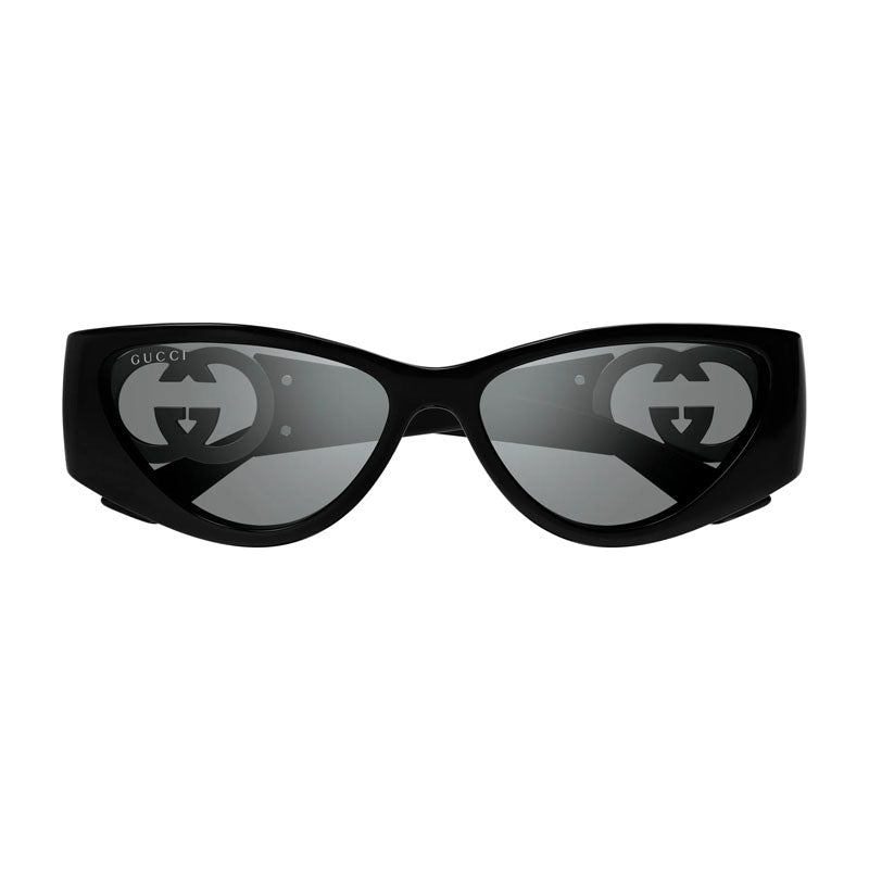 Gucci Sunglasses Cat Eye Full Rim, Shiny Black with Black Stone Frame and Grey Silver Mirror Lens GG1824S004
