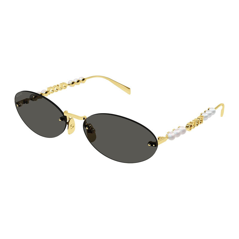 Gucci Sunglasses Oval Rimless, Gold with White Pearl Frame and Grey Lens GG1922S001