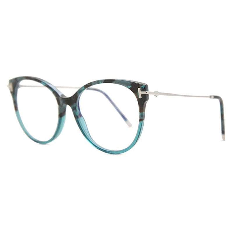 Tom Ford Eyeglasses Round Full Rim, Teal Havana Frame and Clear/Blue-light Block Lenses Lens FT5770-B056
