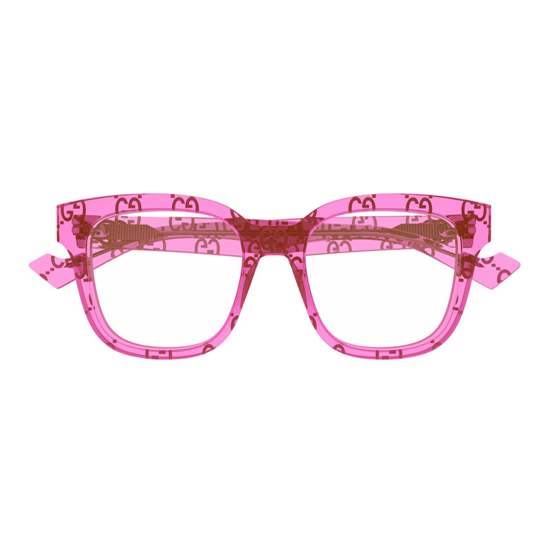 Gucci Eyeglasses Square Full Rim, Shiny Pink with GG Pattern Frame and Clear Demo Lenses Lens GG0958O011