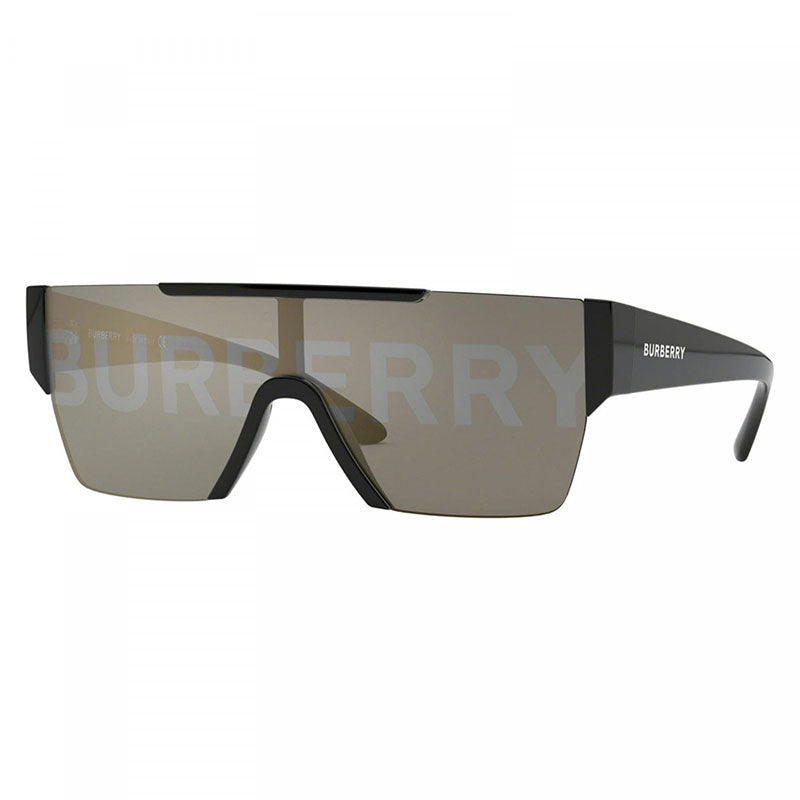 Burberry Sunglasses Shield Semi Rim, Black Gold Frame and Grey Tampo Burberry Silver Gold Mirror Lens BE42913001/G