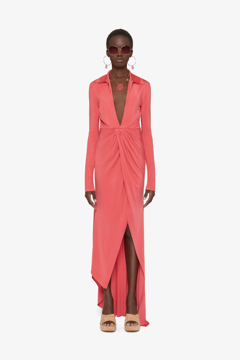 Givenchy Long Sleeve Draped Dress_Coral