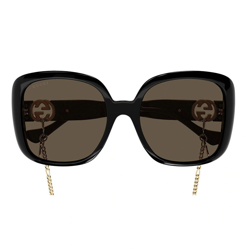 Gucci Sunglasses Square Full Rim, Black with Gold Chain Frame and Brown Lens GG1029SA005