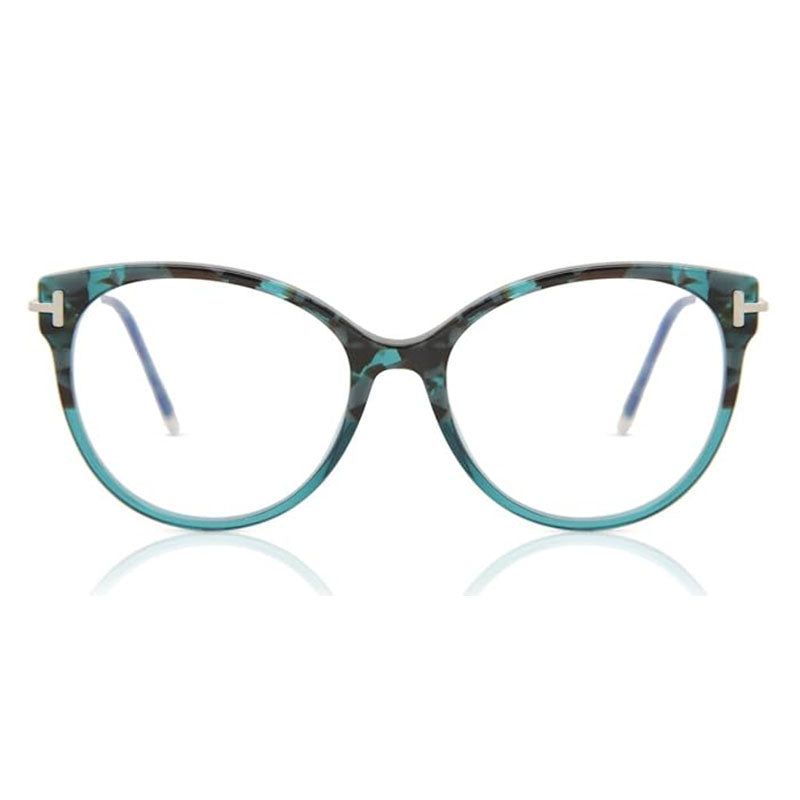 Tom Ford Eyeglasses Round Full Rim, Teal Havana Frame and Clear/Blue-light Block Lenses Lens FT5770-B056