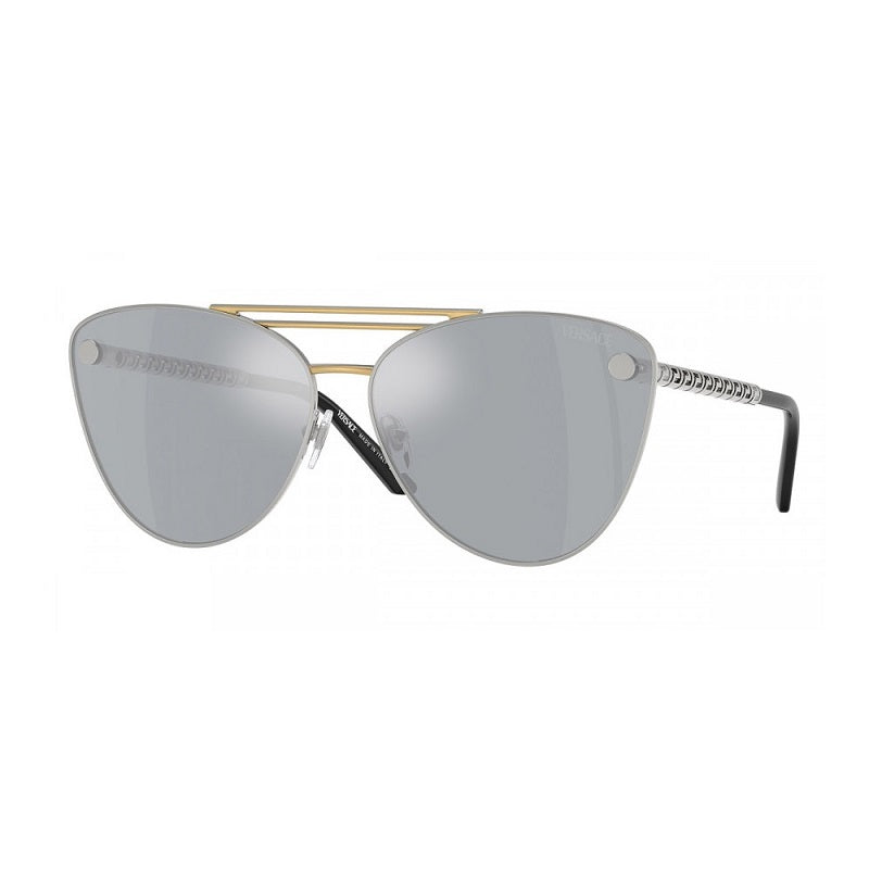 Versace Sunglasses Cat Eye Full Rim, Silver Gold Frame and Blue Mirror Silver Lens VE226715141U