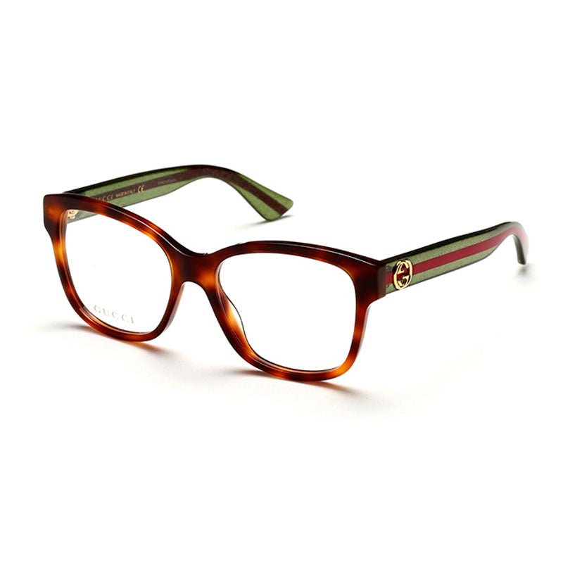 Gucci Eyeglasses Square Full Rim, Havana Frame and Clear Demo Lenses Lens GG0038O002