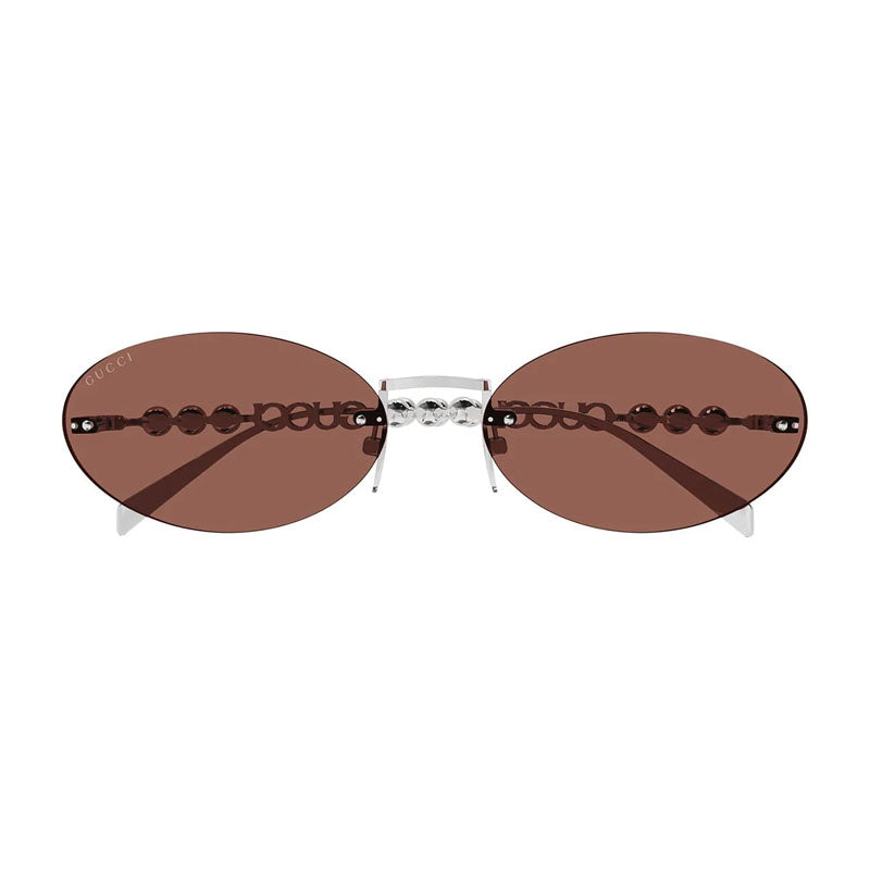 Gucci Sunglasses Oval Rimless, Shiny Silver with White Pearl Frame and Brown Lens GG1922S002