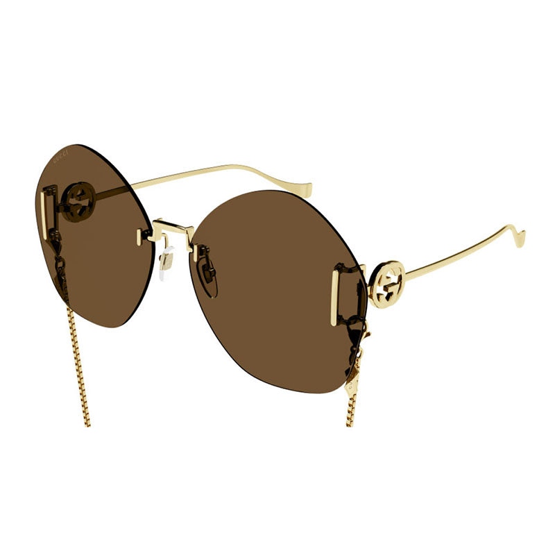 Gucci Sunglasses Geometric Rimless, Gold Frame and Brown with Gold Chain Lens GG1203S003