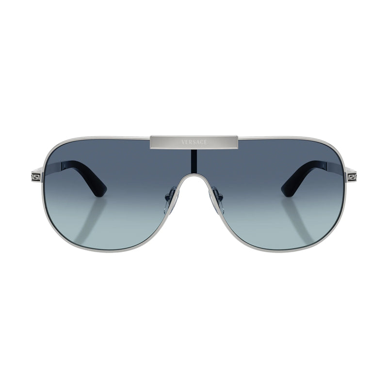 Versace Sunglasses Shield Full Rim, Silver Frame and Light Blue Gradient Dark Blue Lens VE2293100019