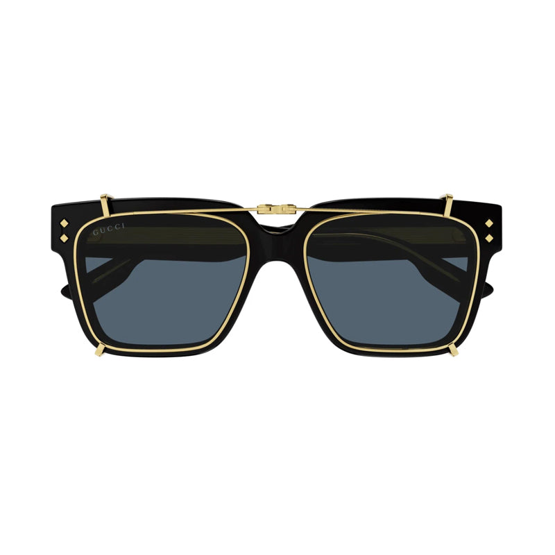 Gucci Sunglasses Square Full Rim, Shiny Black Frame and Gold Rimmed Folding Clip-on/Light Blue Lens GG1084S005