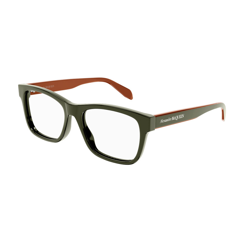 Alexander McQueen Eyeglasses Square Full Rim, Green Frame and Clear Demo Lens Lens AM0307O005