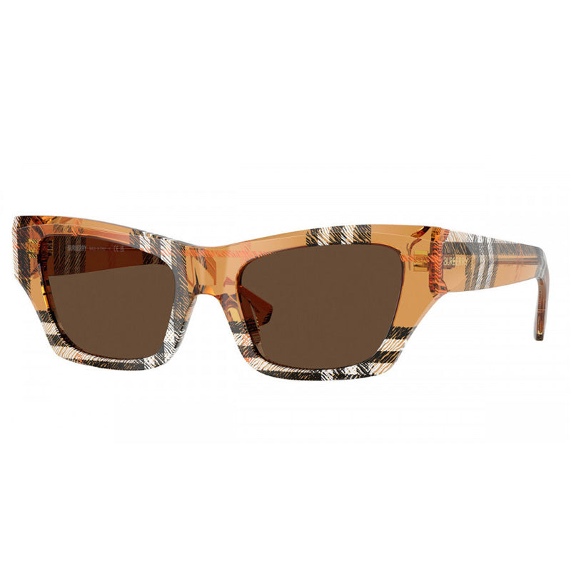 Burberry Sunglasses Cat Eye Full Rim, Check Sand Frame and Dark Brown Lens BE4441U414673