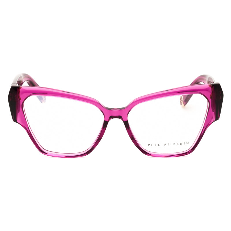 Philipp Plein Eyeglasses Cat Eye Full Rim, Shiny Transparent Cyclamen Frame and Clear Demo Lenses Lens VPP10001F5