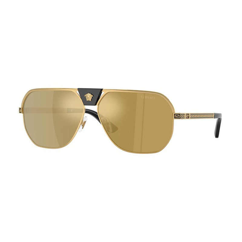 Versace Sunglasses Aviator Full Rim, Gold Frame and Brown with Gold Mirror Lens VE229410025A
