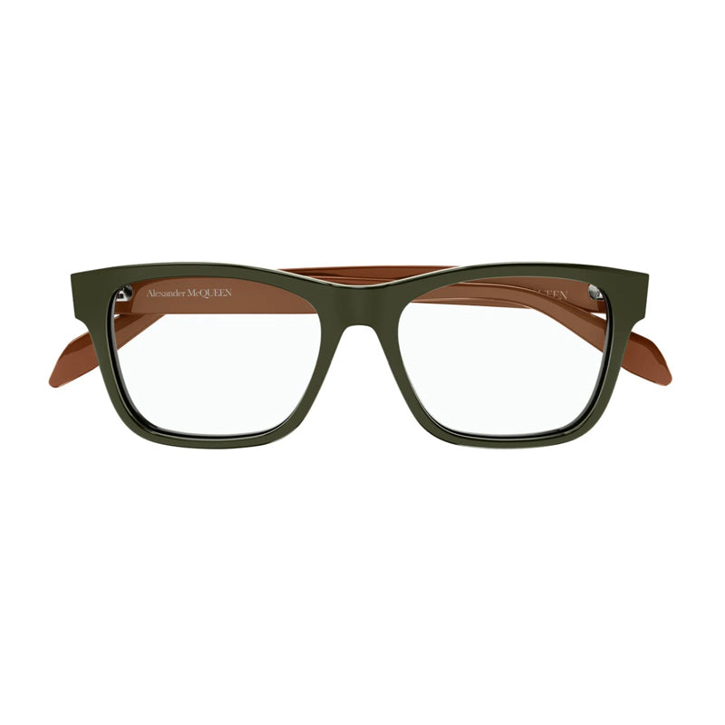 Alexander McQueen Eyeglasses Square Full Rim, Green Frame and Clear Demo Lens Lens AM0307O005
