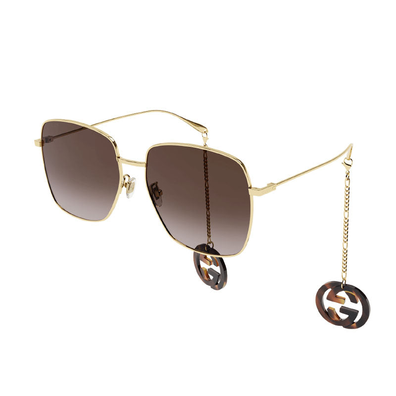 Gucci Sunglasses Square Full Rim, Gold/with Havana Detachable Jewelry Charm Frame and Brown Gradient Lens GG1031S003