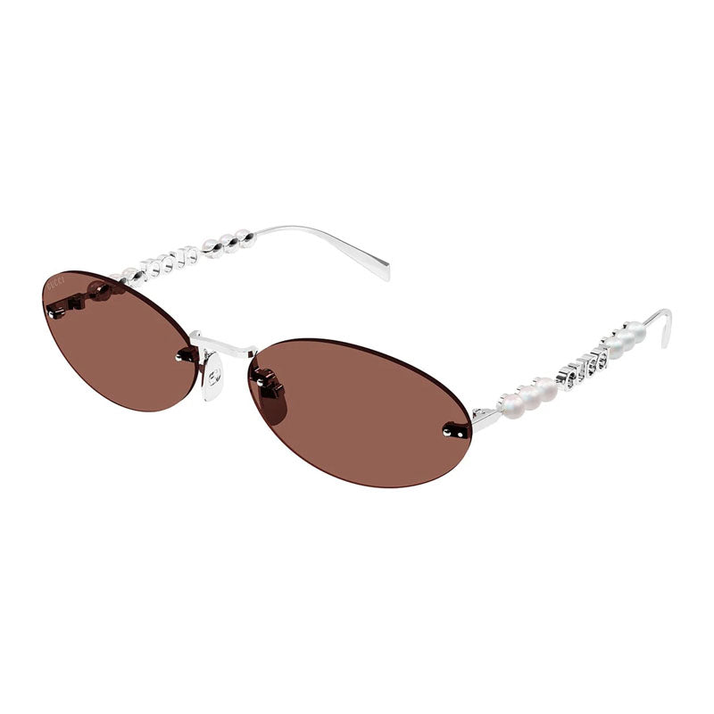 Gucci Sunglasses Oval Rimless, Shiny Silver with White Pearl Frame and Brown Lens GG1922S002