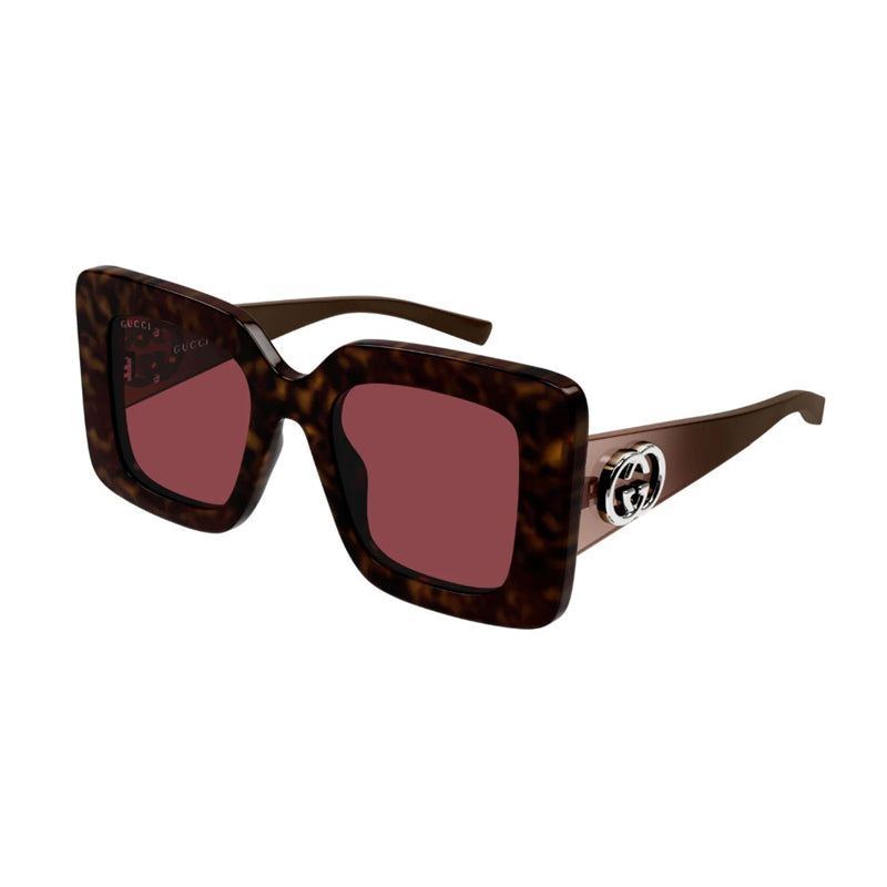 Gucci Sunglasses Square Full Rim, Brown Havana Frame and Solid Burgundy Lens GG2025S002