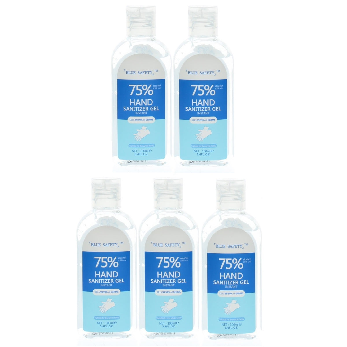 Blue Safety Hand Sanitizer Gel 75% Ethyl Alcohol 100Ml/3.4Oz (5 Pack)