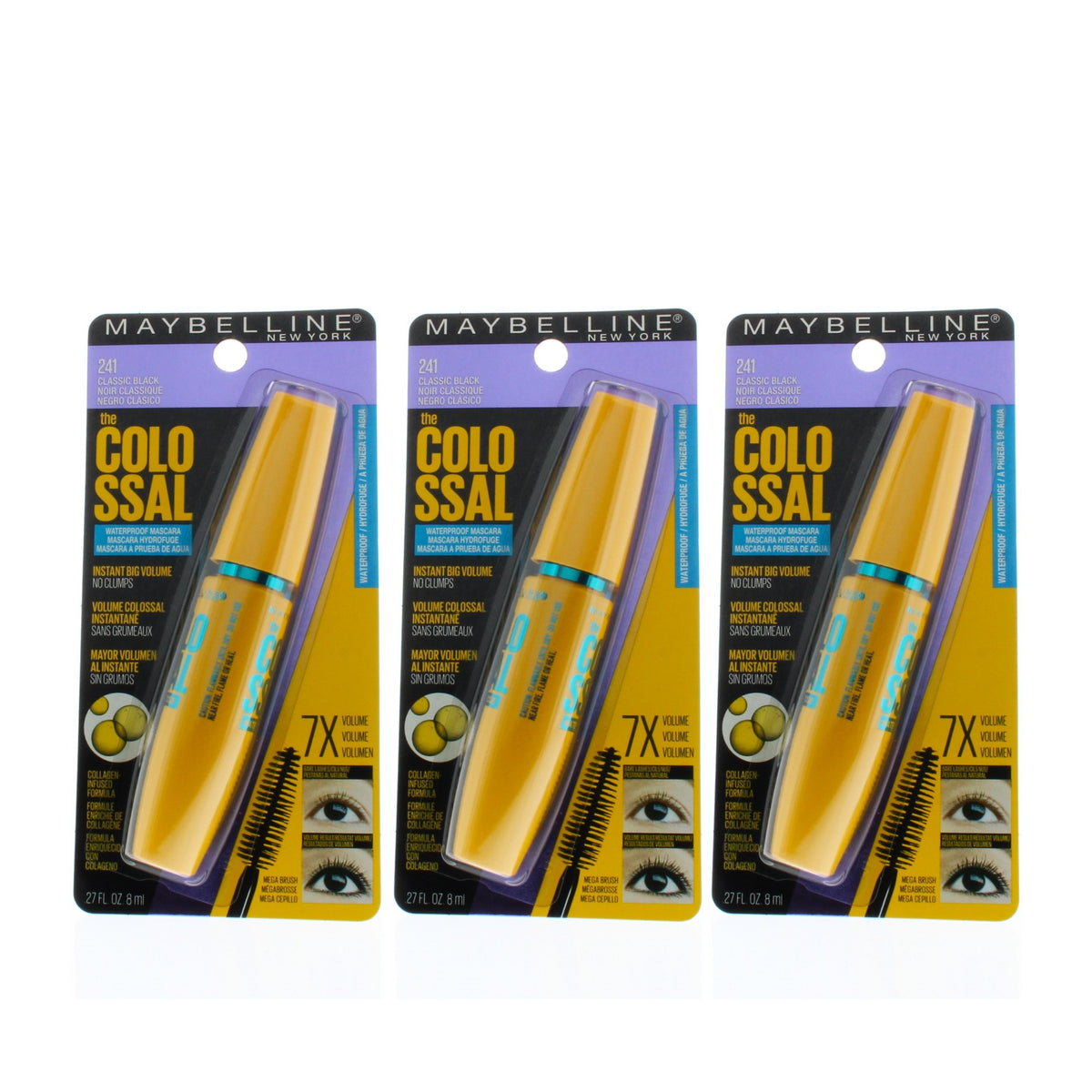 Maybelline Volum'Express The Colossal Mascara 241 Classic Black Waterproof 0.27Oz/8Ml (3 Pack)