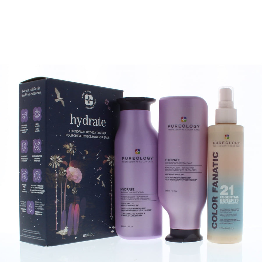 Pureology Hydrate 3 Piece Kit (Includes: Shampoo 9Oz, Conditioner 9Oz, Color Fanatic 21 Leave-In Spray 6.7Oz)