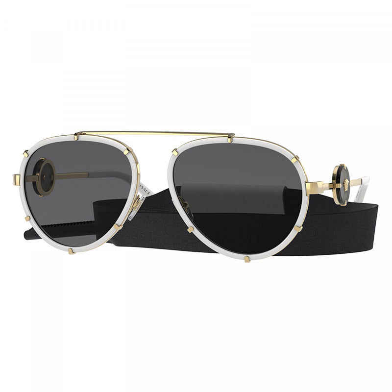 Versace Sunglasses Aviator Full Rim, White/Gold Frame and Dark Grey with Neck Strap Lens VE2232147187