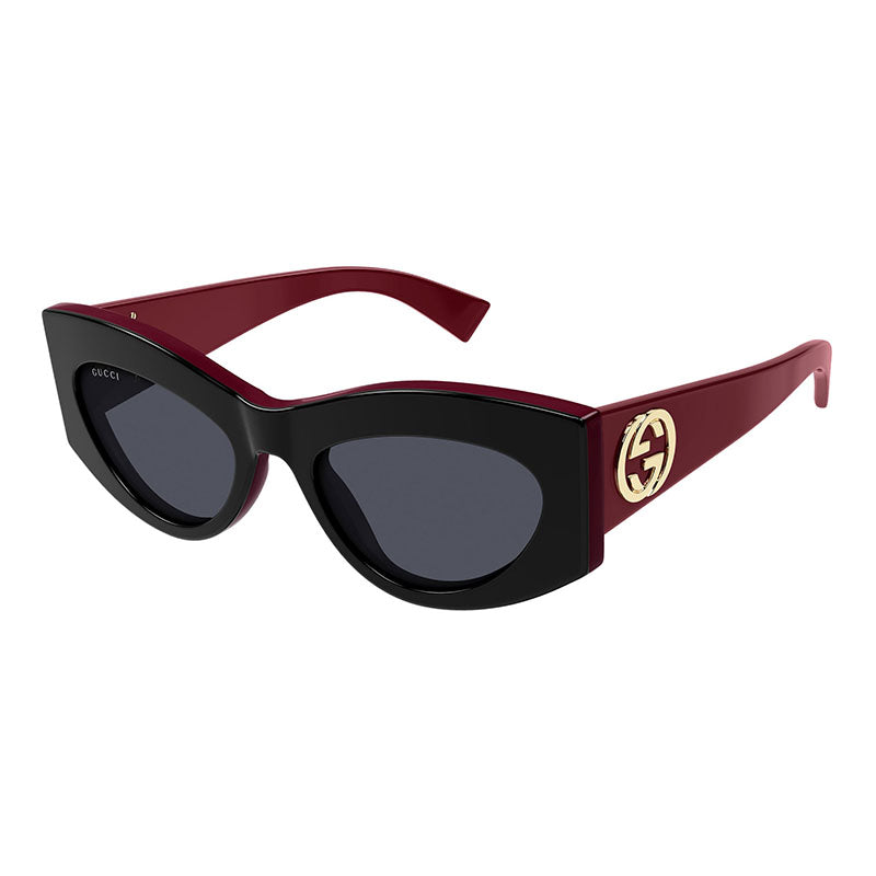 Gucci Sunglasses Cat Eye Full Rim, Shiny Black/Burgundy Frame and Grey Lens GG1843S006