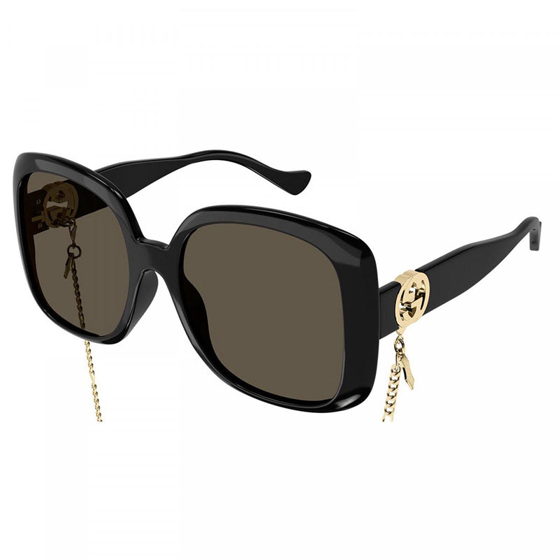 Gucci Sunglasses Square Full Rim, Black with Gold Chain Frame and Brown Lens GG1029SA005