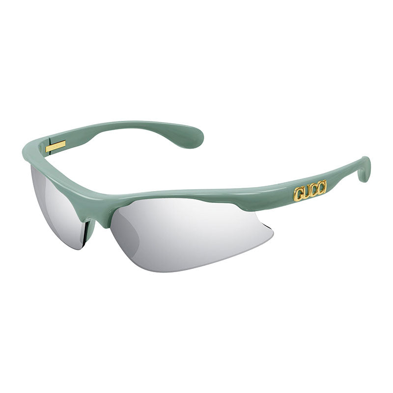 Gucci Sunglasses Geometric Semi Rim, Shiny Mineral Green Frame and Solid Smoke with Silver Mirror Lens GG1774S005