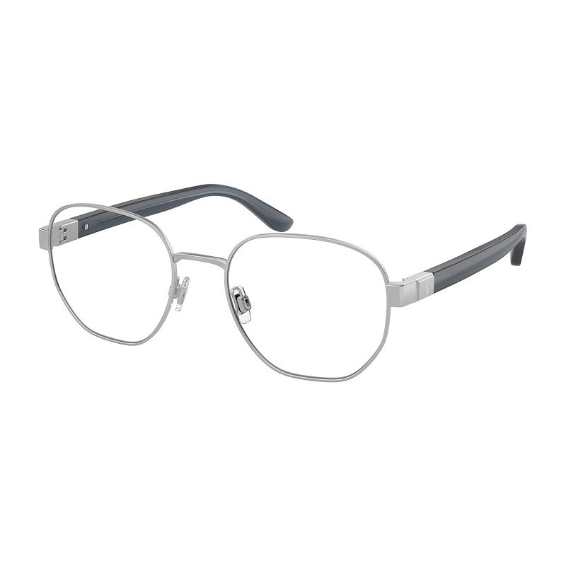Polo Ralph Lauren Eyeglasses Rectangle Full Rim, Semi Shiny Silver Transparent Blue Frame and Clear Demo Lenses Lens PH12249316