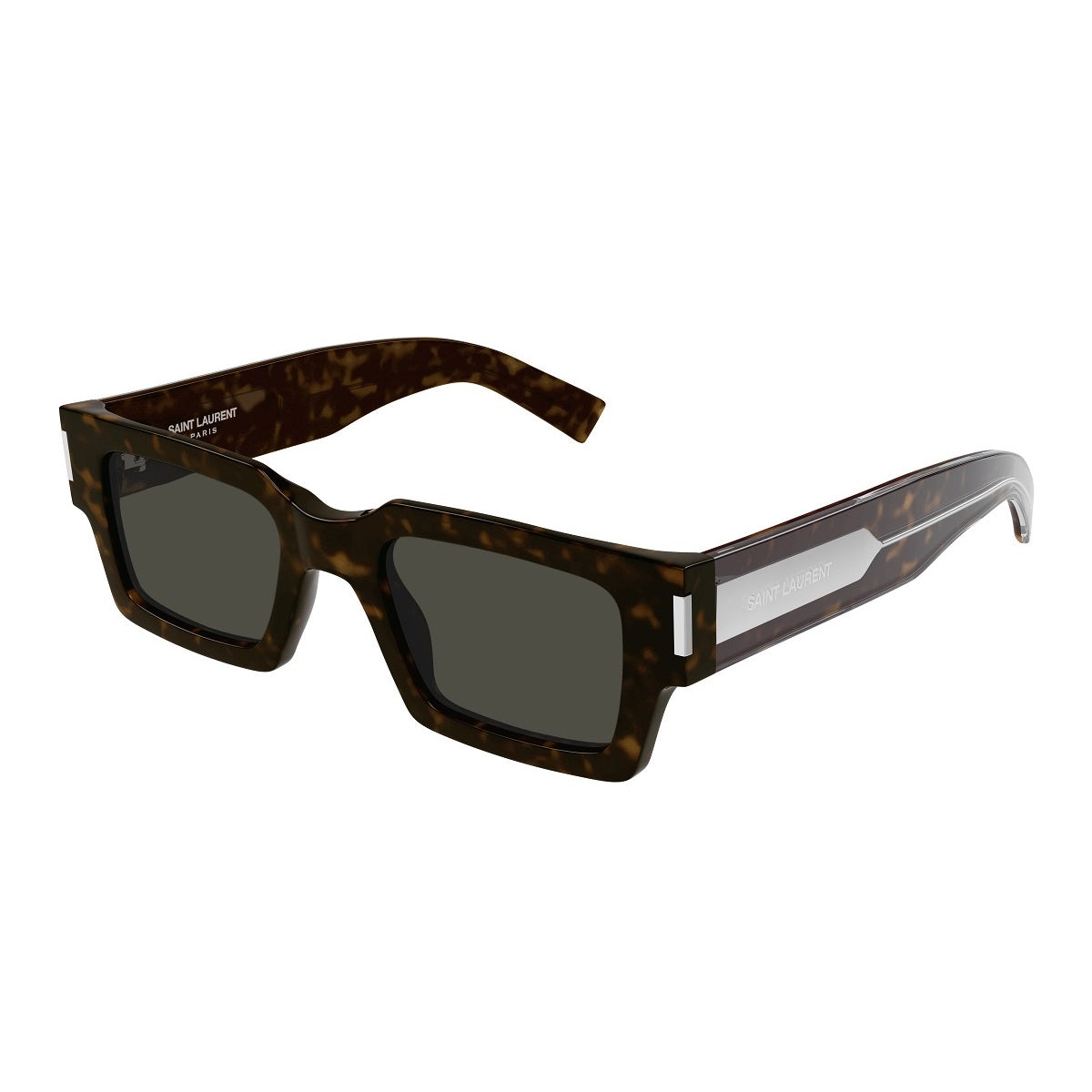 Saint Laurent Sunglasses Square Full Rim, Dark Havana with Silver Frame and Grey Lens SL572002