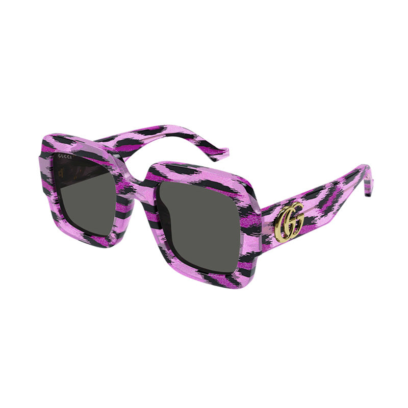 Gucci Sunglasses Square Full Rim, Glitter Fuchsia With Black Striped Frame and Grey Lens GG1547S003