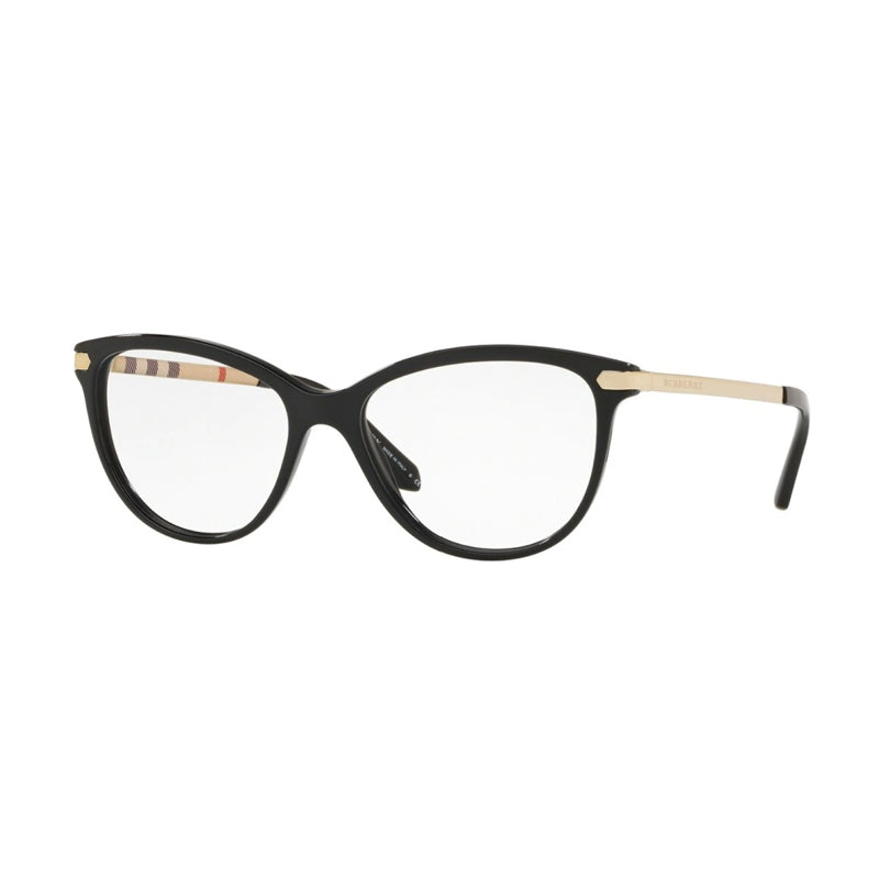 Burberry Eyeglasses Cat Eye Full Rim, Black Gold Frame and Clear Demo Lenses Lens BE22803001