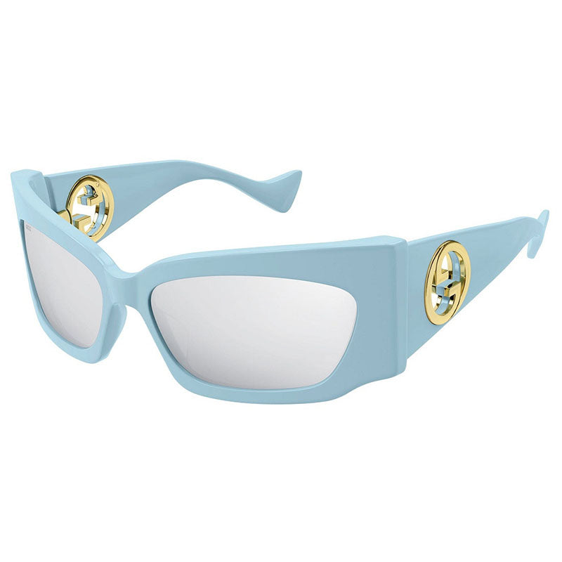 Gucci Sunglasses Geometric Full Rim, Light Blue Frame and Silver Mirror Lens GG1412S005