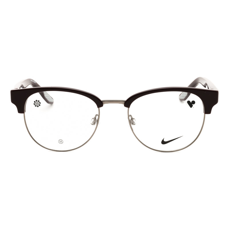Nike Eyeglasses Browline Full Rim, Burgundy/Silver Frame and Clear Demo Lenses Lens NIKE8402605
