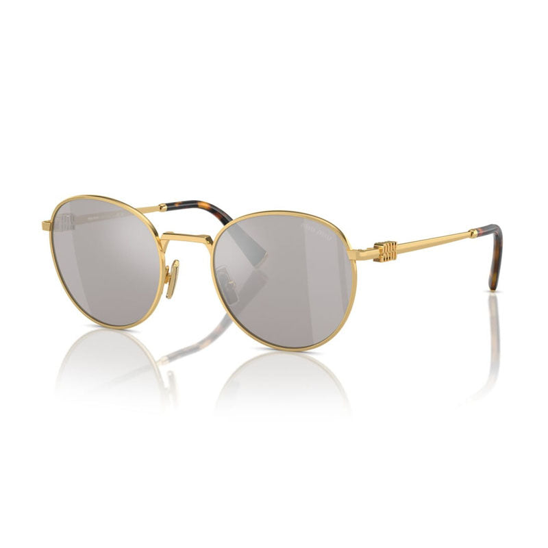 Miu Miu Sunglasses Round Full Rim, Gold Frame and Light Grey Silver Mirror Lens MU55ZS5AK07F