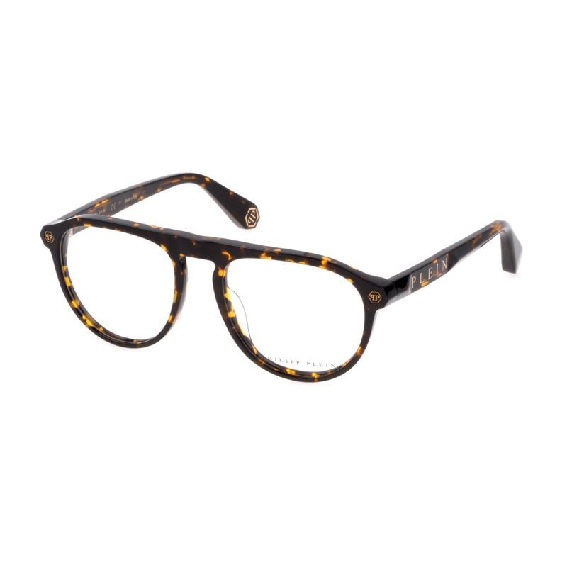 Philipp Plein Eyeglasses Aviator Full Rim, Shiny Dark Havana Frame and Clear Demo Lenses Lens VPP016M01AY