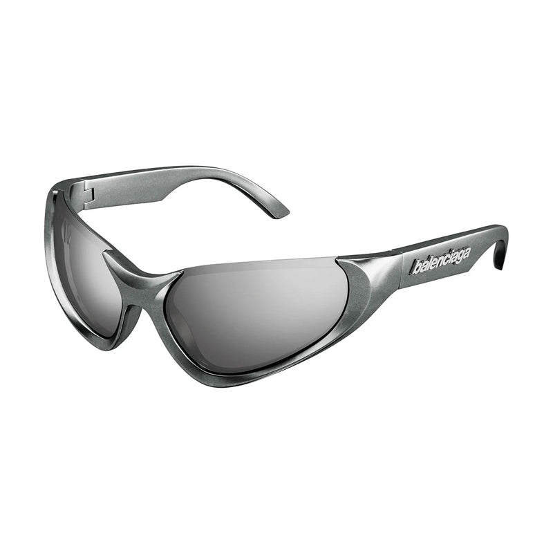 Balenciaga Sunglasses Geometric Semi Rim, Silver Frame and Grey Silver Mirror Lens BB0202S002