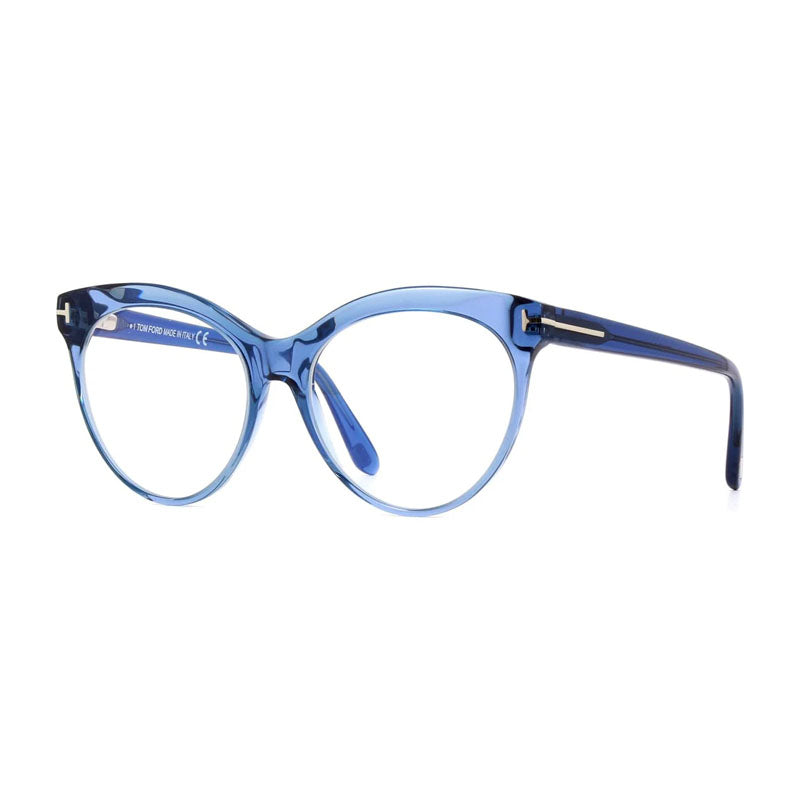 Tom Ford Eyeglasses Cat Eye Full Rim, Shiny Blue Frame and Clear Blue Light Block Lenses Lens FT5827-B090