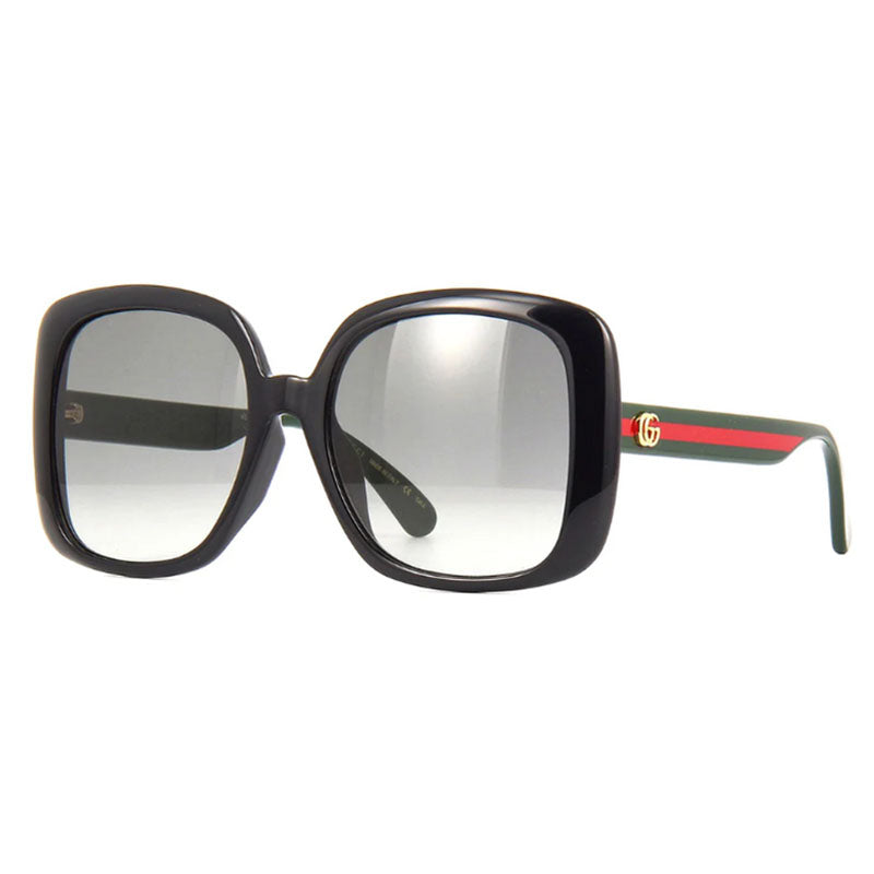 Gucci Sunglasses Square Full Rim, Black with Green and Red Stripe Frame and Grey Gradient Lens GG0714SA001