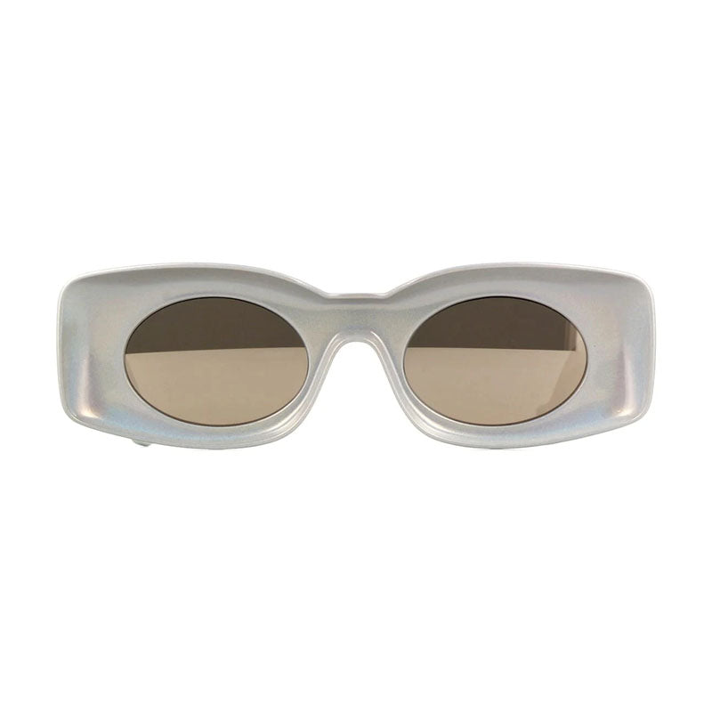 Loewe Sunglasses Rectangle Full Rim, Pearlescent Silver Frame and Grey with Silver Flash Mirror Lens LW40033I24C