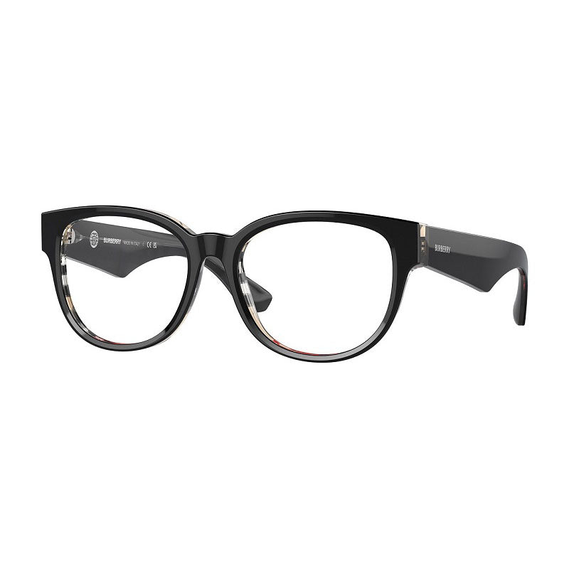 Burberry Eyeglasses Round Full Rim, Top Black on Vintage Check Frame and Clear Demo Lenses Lens BE24104121