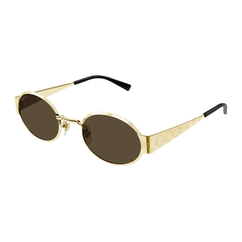 Gucci Sunglasses Oval Full Rim, Shiny Gold with GG Pathern Frame and Brown Lens GG1854S005