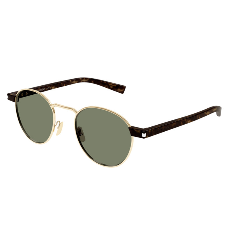 Saint Laurent Sunglasses Round Full Rim, Gold and Havana Frame and Green Lens SL707002