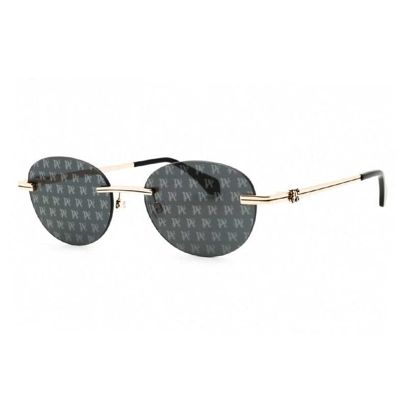 Palm Angels Sunglasses Oval Rimless, Gold Frame and Dark Grey with Monogram Pattern Lens PERI10HCRYSTAL7607