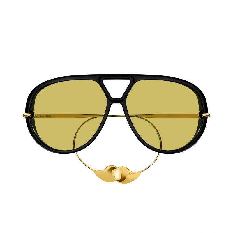 Bottega Veneta Sunglasses Geometric Full Rim, Black and Gold Frame and Yellow Lens BV1273S003