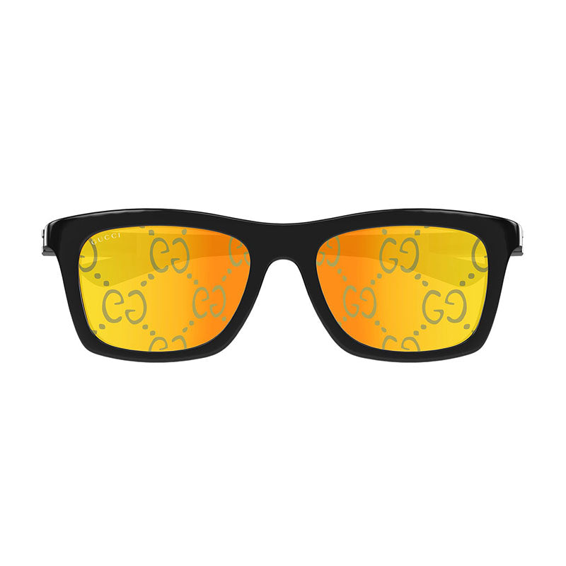 Gucci Sunglasses Rectangle Full Rim, Black with Green Frame and Yellow with Logo Orange Mirror Lens GG1735S005