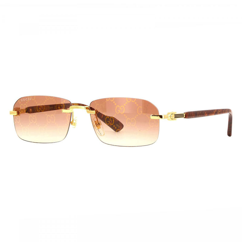 Gucci Sunglasses Rectangle Rimless, Gold with Brown Frame and Burgundy Gradient/Mirrored Guccissima Pattern Bronze Lens GG1221S004