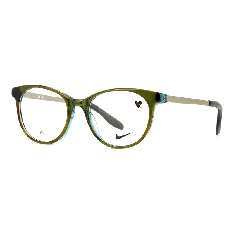 Nike Eyeglasses Cat Eye Full Rim, Olive/Blue Laminate Frame and Clear Demo Lenses Lens NIKE7173317